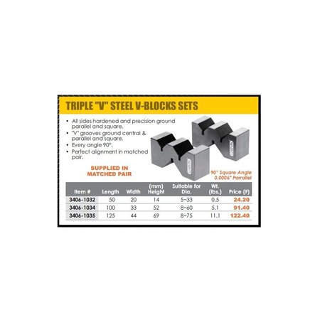 H & H INDUSTRIAL PRODUCTS 125 X 44 X 69mm Triple Vee V-Block Set 3406-1035